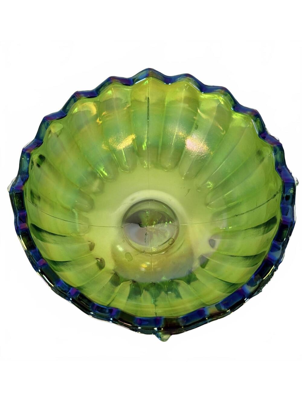 Vintage Indiana Glass Green Carnival Compote Lotus Blossom Ruffled Footed Bowl - Picture 2 of 5